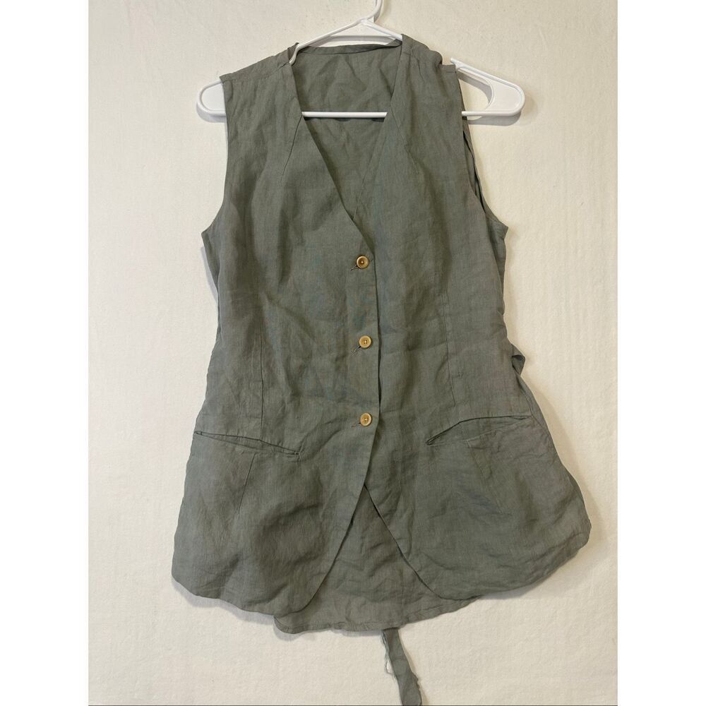 Made in France Linen Ramie Tie Back Vest Olive Green Button Front Size 0/X-Small